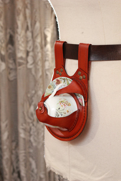 Tan Teacup Holster with Floral Scene Core Teacup and Saucer