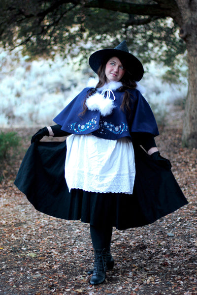 Winter Cape with Fluffy Trim and Snowflake Embroidery