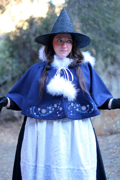 Winter Cape with Fluffy Trim and Snowflake Embroidery