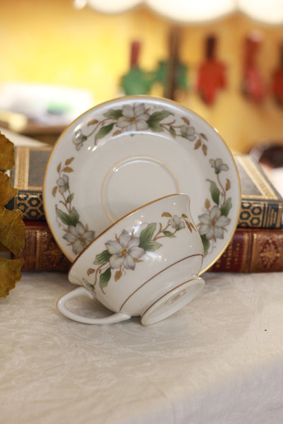 Tan Teacup Holster with Lily and Leaves Teacup and Saucer