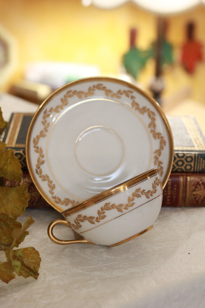 Hand Painted Brown Teacup Holster with Golden Laurel Teacup and Saucer