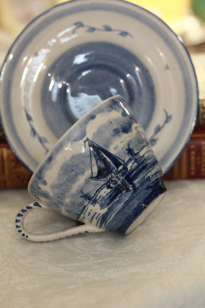 Brown Teacup Holster with Hand Painted Dutch Teacup and Saucer