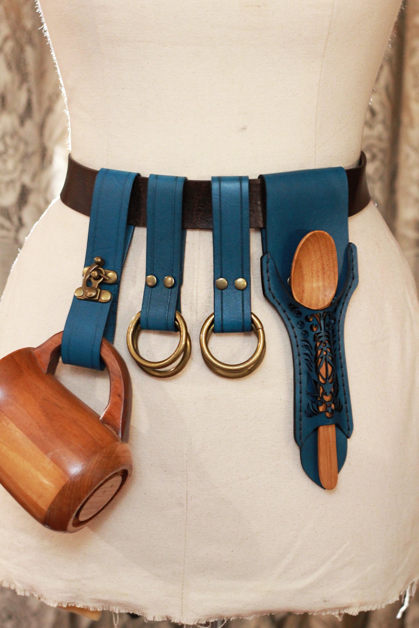 Blue Leather Accessory Set with Spoon Holster, Skirt Hikes and Tankard Holder