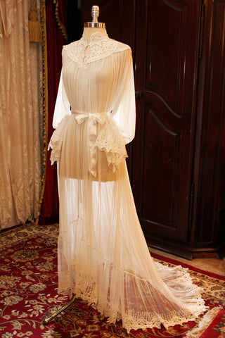 Sheer Lace Edwardian Dressing Gown with Ruffle Train