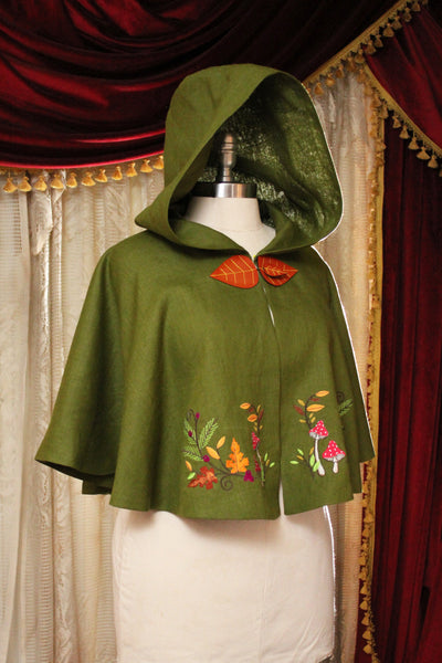 Green Linen Embroidered Mushroom Cape with Hood and Leaf Closure