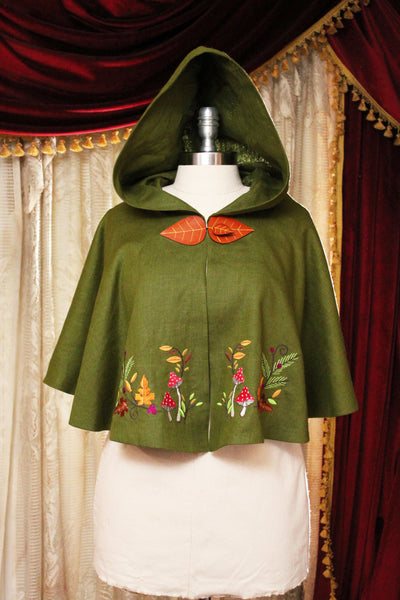 Green Linen Embroidered Mushroom Cape with Hood and Leaf Closure