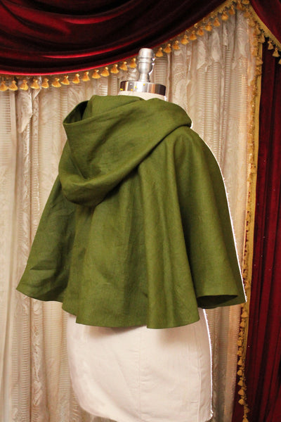 Green Linen Embroidered Mushroom Cape with Hood and Leaf Closure