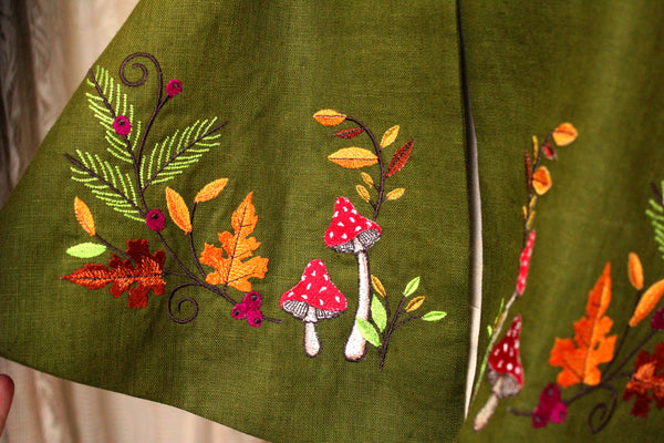 Green Linen Embroidered Mushroom Cape with Hood and Leaf Closure