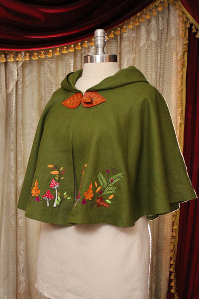 Green Linen Embroidered Mushroom Cape with Hood and Leaf Closure