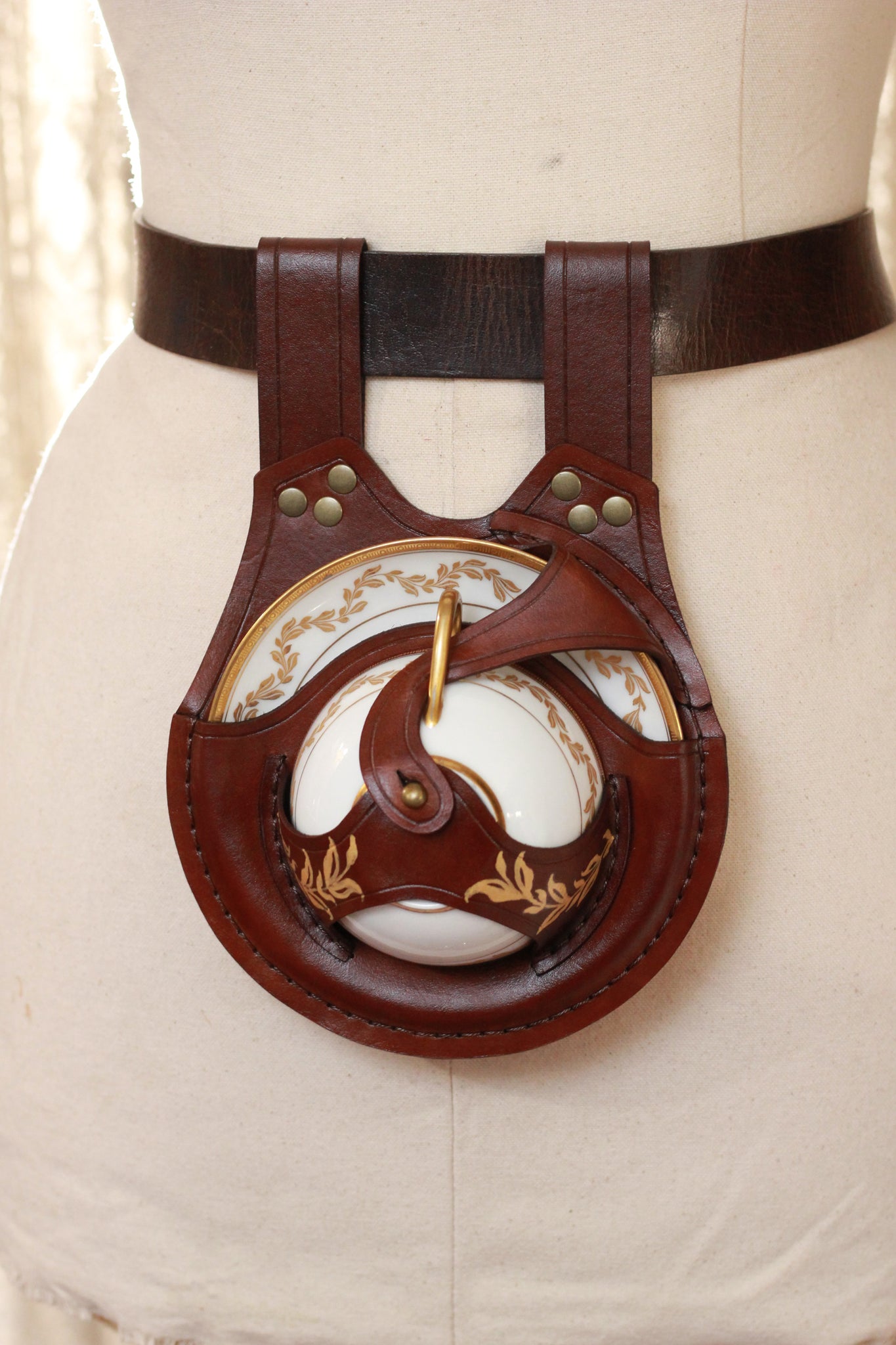 Hand Painted Brown Teacup Holster with Golden Laurel Teacup and Saucer