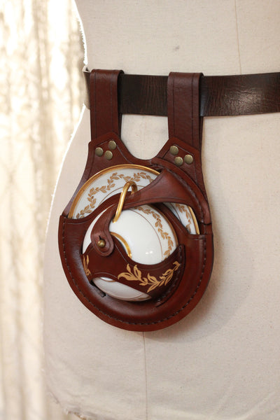 Hand Painted Brown Teacup Holster with Golden Laurel Teacup and Saucer