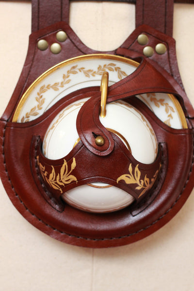 Hand Painted Brown Teacup Holster with Golden Laurel Teacup and Saucer