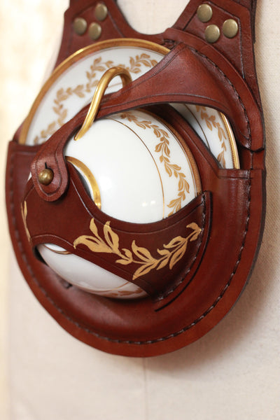 Hand Painted Brown Teacup Holster with Golden Laurel Teacup and Saucer