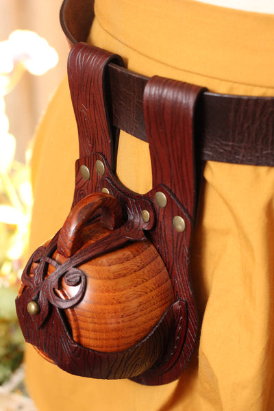 Brown Wood Grain Leather Teacup Holster with Wooden Teacup