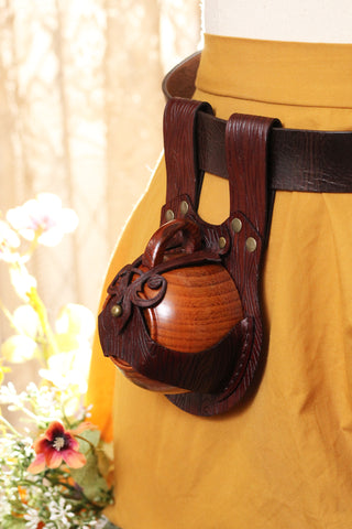 Brown Wood Grain Leather Teacup Holster with Wooden Teacup