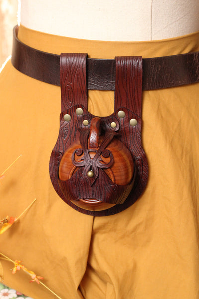 Brown Wood Grain Leather Teacup Holster with Wooden Teacup