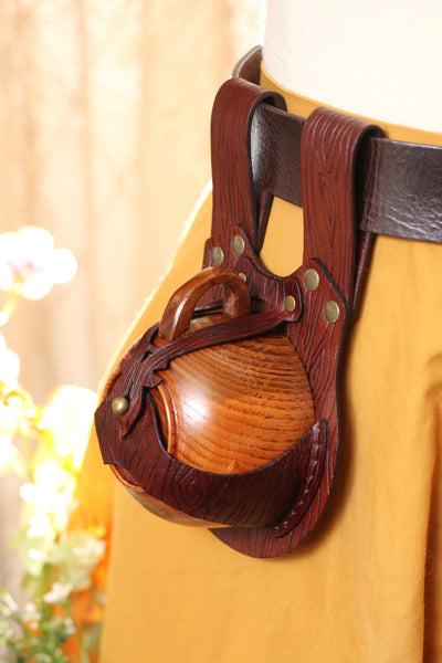 Brown Wood Grain Leather Teacup Holster with Wooden Teacup