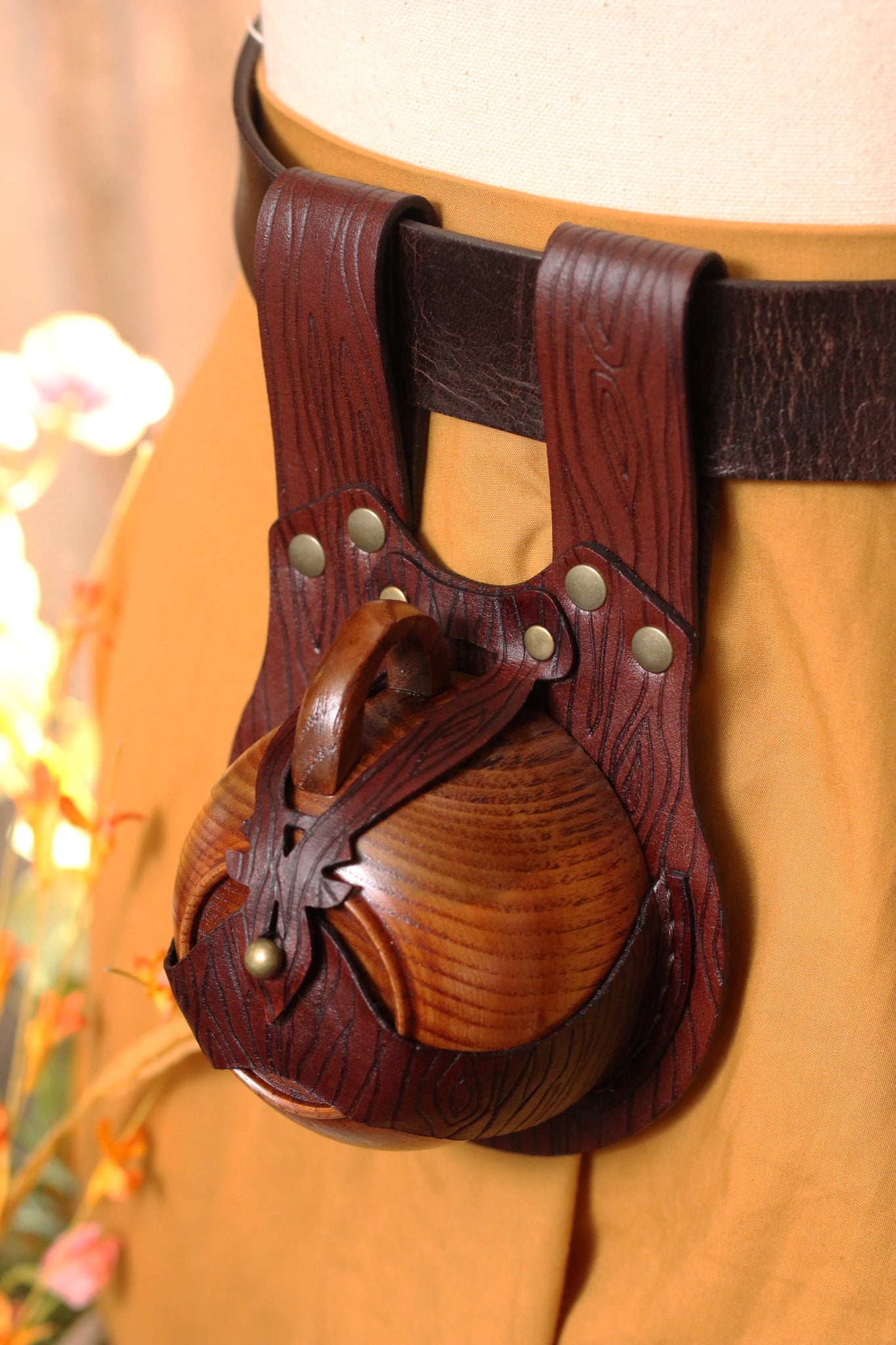 Brown Wood Grain Leather Teacup Holster with Wooden Teacup