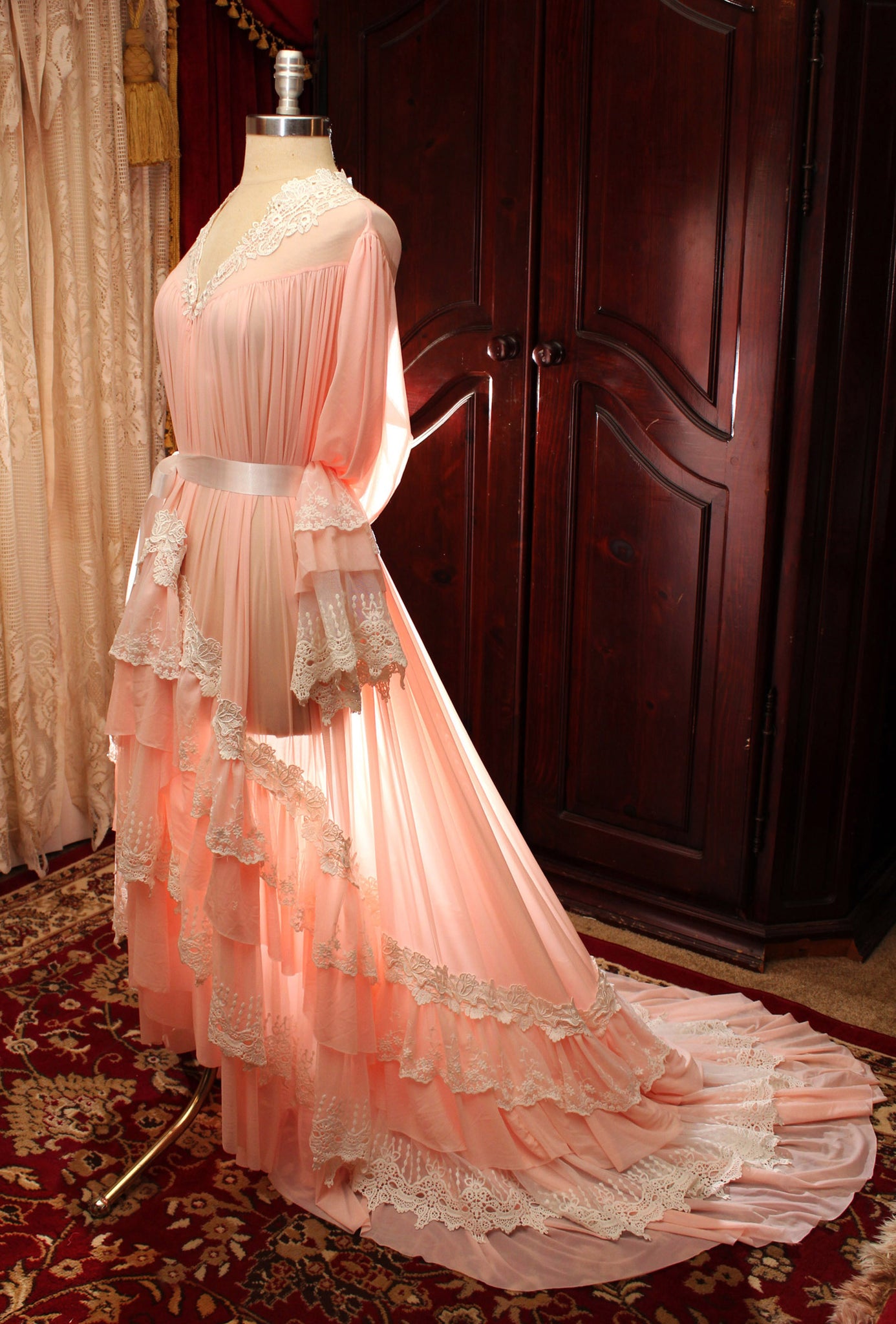 Lace Edwardian Dressing Gown with Ruffle Train Bleu Rose Designs Lace Edwardian Dressing Gown with Ruffle Train Bleu Rose Designs