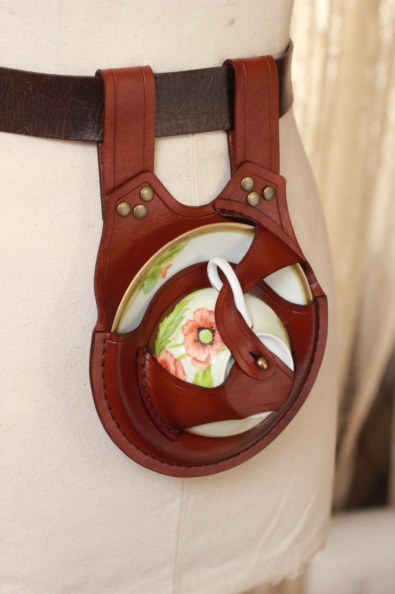 Light Brown Teacup Holster with Poppy Teacup and Saucer