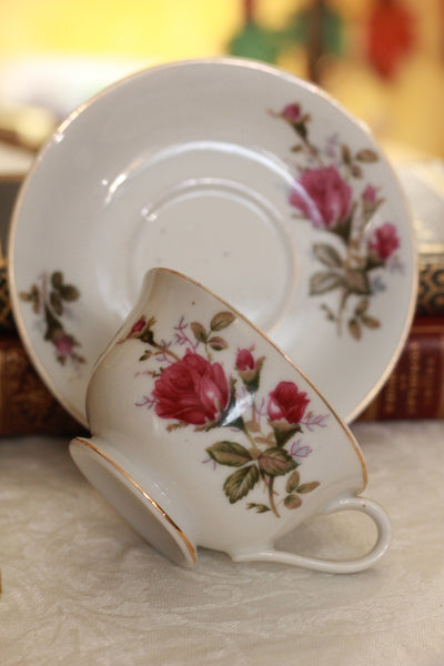 Bordeaux Teacup Holster with Rose Teacup and Saucer