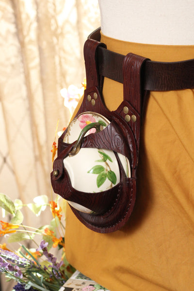 Wood Grain Teacup Holster with Desert Rose Teacup and Saucer