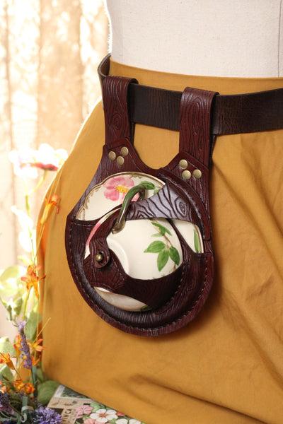 Wood Grain Teacup Holster with Desert Rose Teacup and Saucer