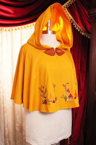 Yellow Linen Mushroom Cape with Hood and Leaf Closure