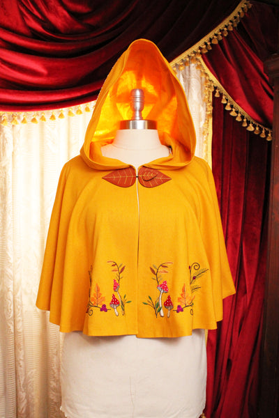 Yellow Linen Mushroom Cape with Hood and Leaf Closure