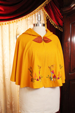 Yellow Linen Mushroom Cape with Hood and Leaf Closure