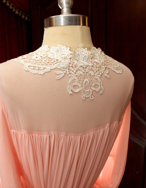 Elegant Pink and White Lace Edwardian Dressing Gown with Ruffle Train