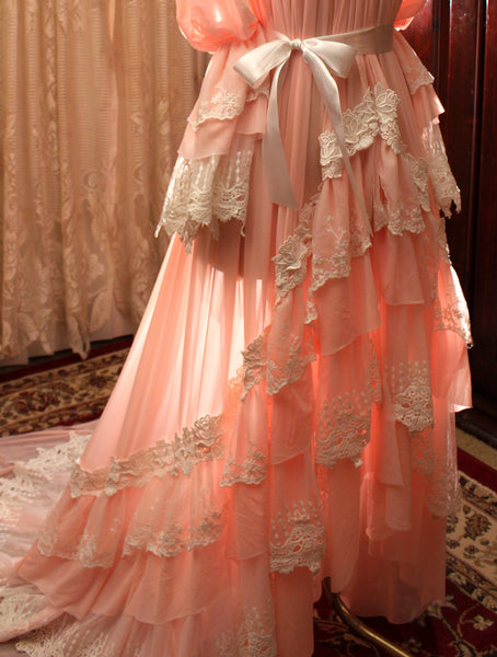 Elegant Pink and White Lace Edwardian Dressing Gown with Ruffle Train