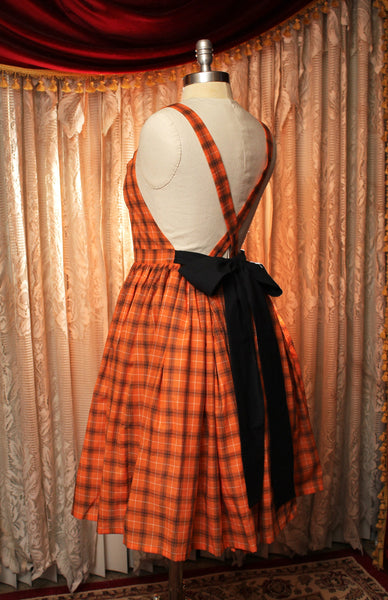 Custom Sized Halloween Plaid Apron Dress with Bats