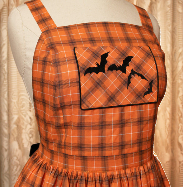 Custom Sized Halloween Plaid Apron Dress with Bats