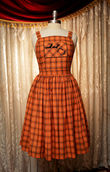 Custom Sized Halloween Plaid Apron Dress with Bats