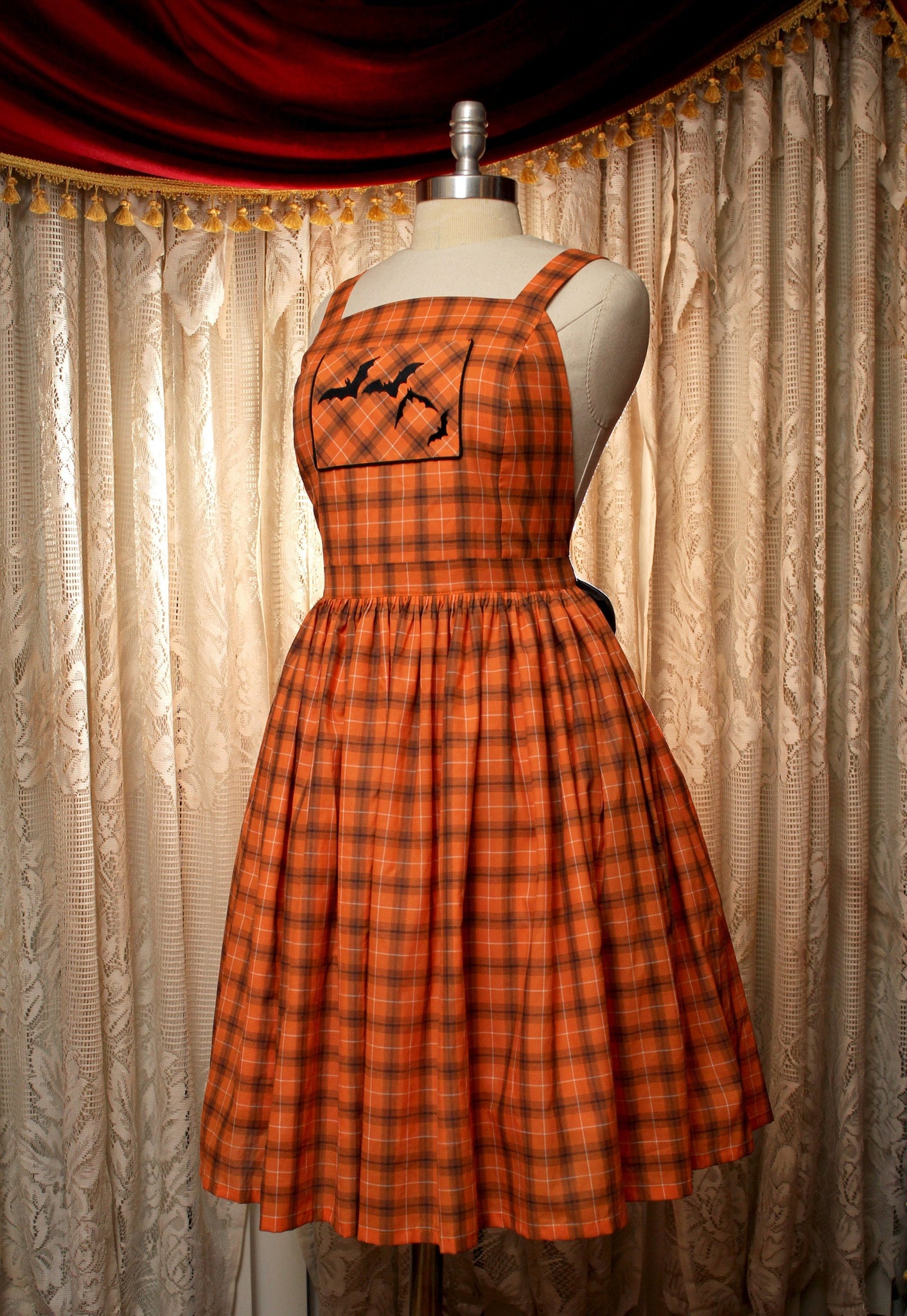 orange apron dress Vintage 1970s Orange Gingham Pinafore Apron with Ruffles, Medium