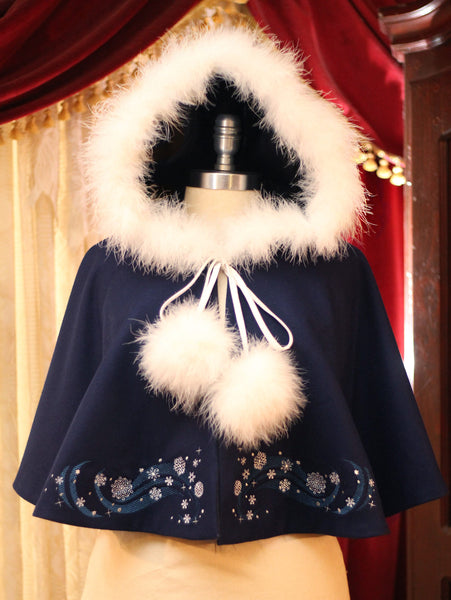 Winter Cape with Fluffy Trim and Snowflake Embroidery