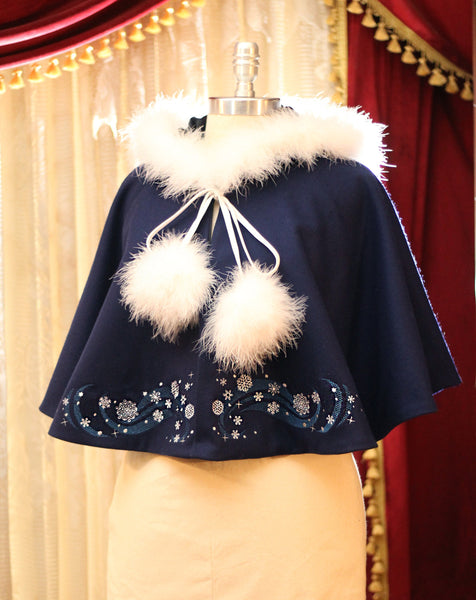 Winter Cape with Fluffy Trim and Snowflake Embroidery