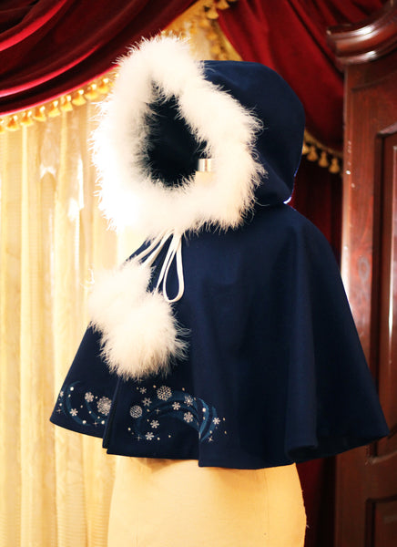 Winter Cape with Fluffy Trim and Snowflake Embroidery