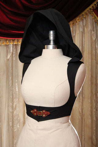 The Midnight Rogue - Hooded Corset Underbust Harness in Black with Brown Buckles